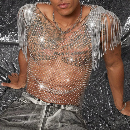 Grid rhinestone fishnet vest in dyed silver see-through nylon, loose fit, sizes S to XL