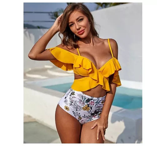 Women's high waist off-shoulder ruffled bikini in vibrant colors