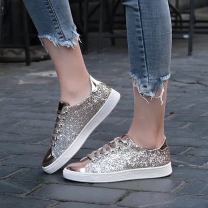 Women's colourful sequin casual low-top shoes in black, pink, and gold colours with lace-up front