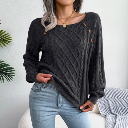 A stylish knitted sweater with a square neckline and button accents, available in a variety of trendy colors for a cozy and fashionable winter look.