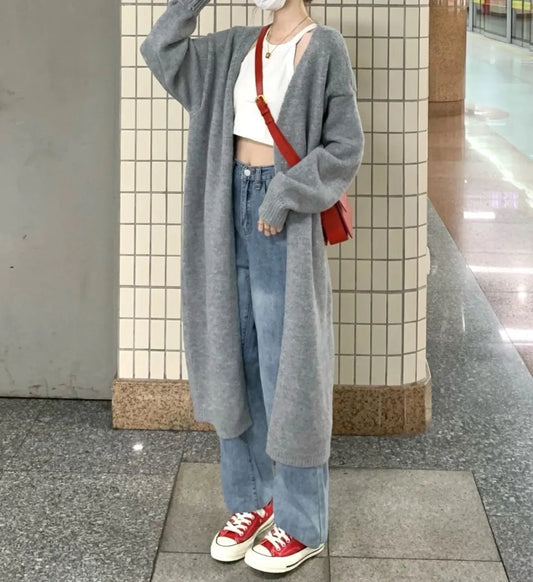 Women's loose large knitted cardigan in chenille fabric with 3D pattern, long sleeves, 65cm length