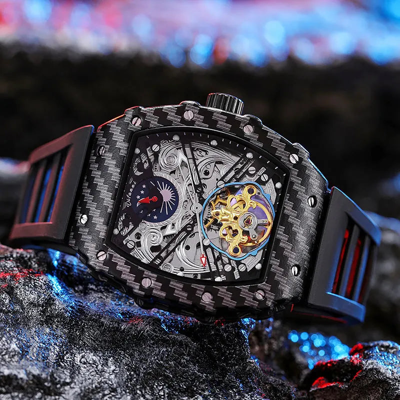 Mechanical waterproof luminous men's watch with black dial and see-through caseback on rubber strap