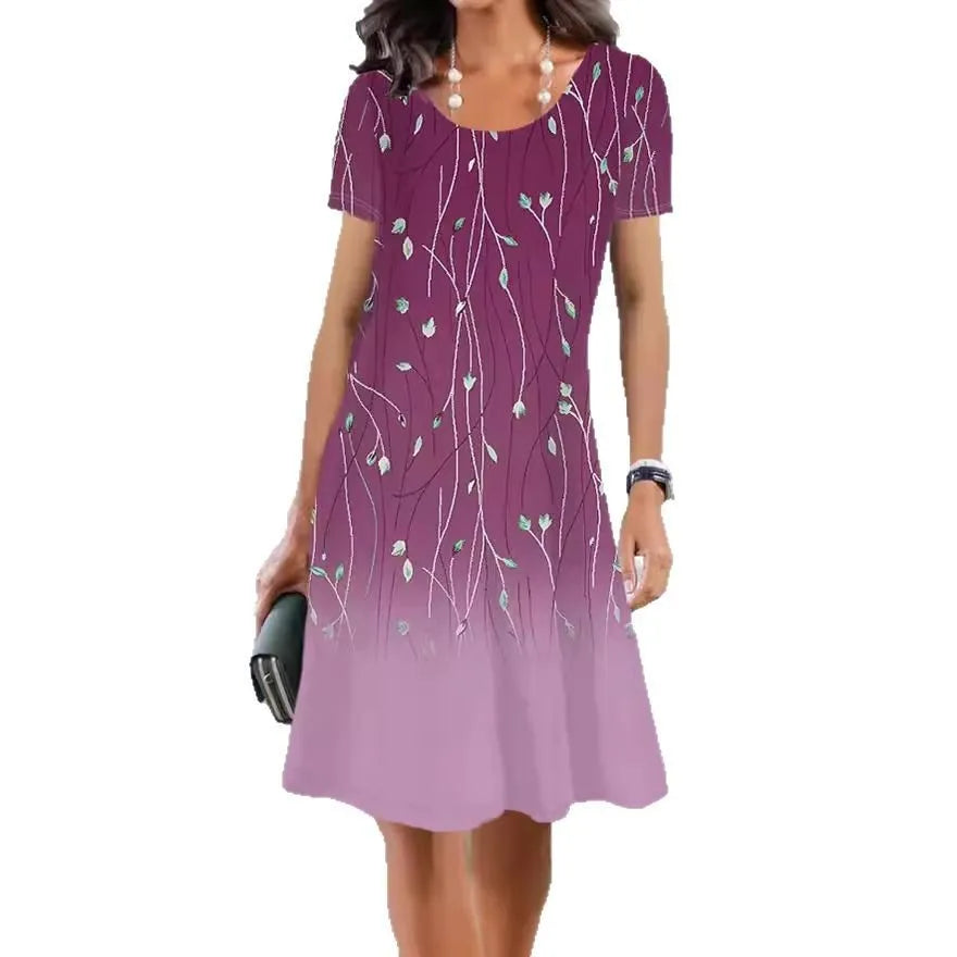 Women's mid-length dress with painted plant and flower patterns on ice silk fabric, A-line skirt, short sleeves, round neck