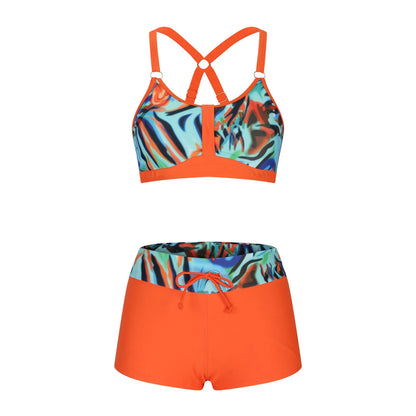 Women's floral print split bikini swimsuit in polyester fabric available in multiple colours and sizes