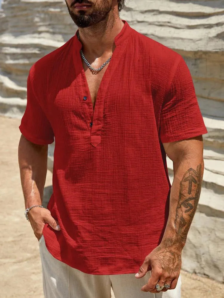 Men's solid colour short-sleeved shirt with stand collar, thin polyester blend fabric, available in black, white, light blue, khaki, navy blue, red, brown.