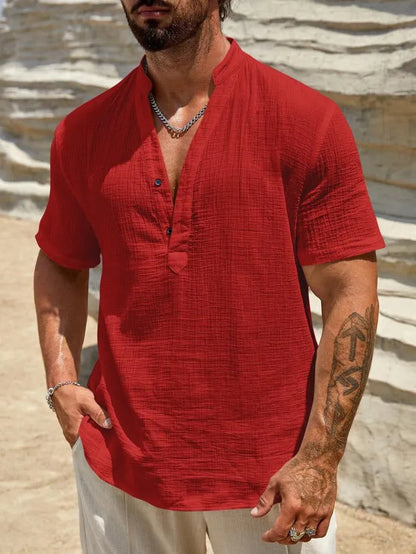 Men's solid colour short-sleeved shirt with stand collar, thin polyester blend fabric, available in black, white, light blue, khaki, navy blue, red, brown.