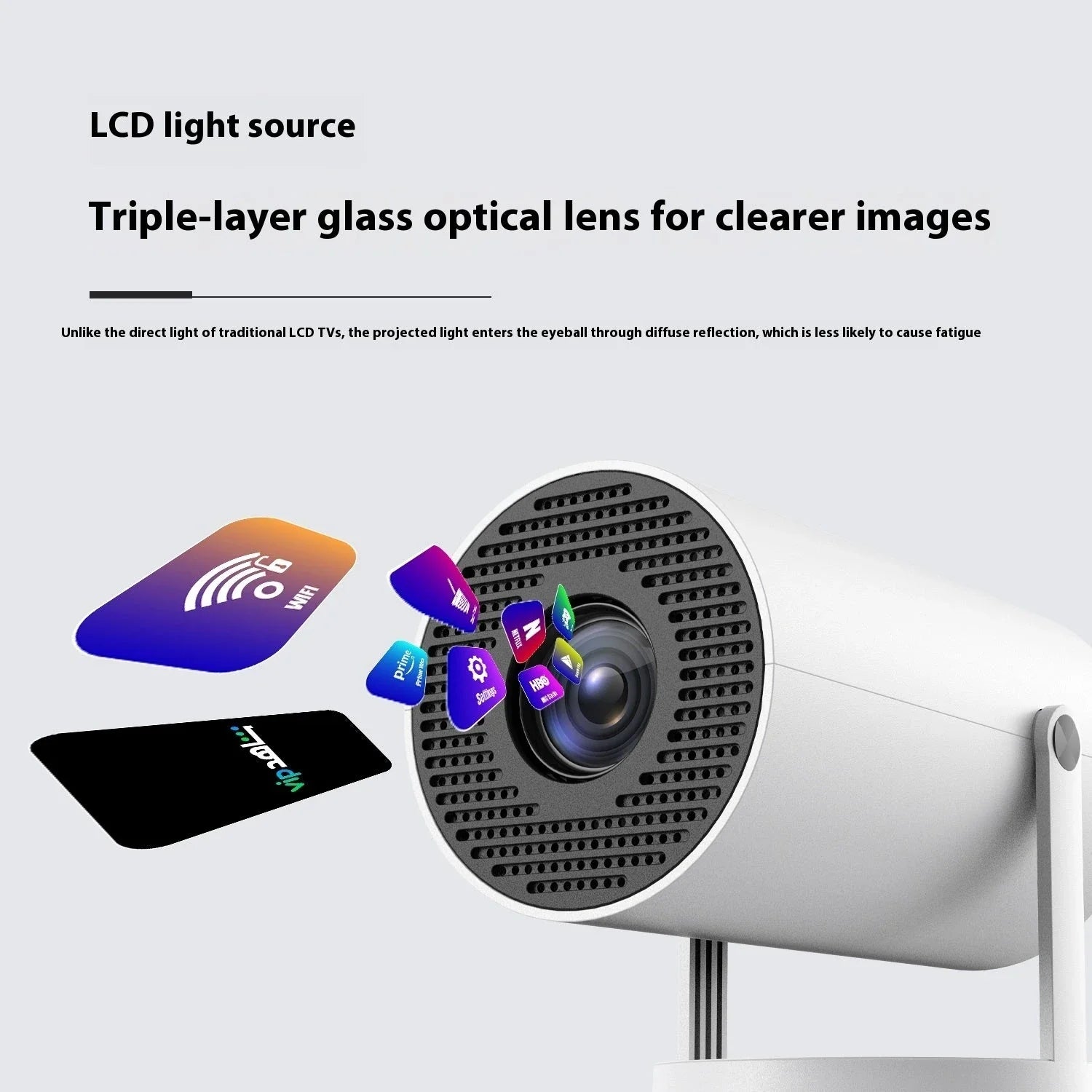 Compact home theater projector with 180-degree projection angle, automatic focus, and 4K video support for immersive entertainment experience