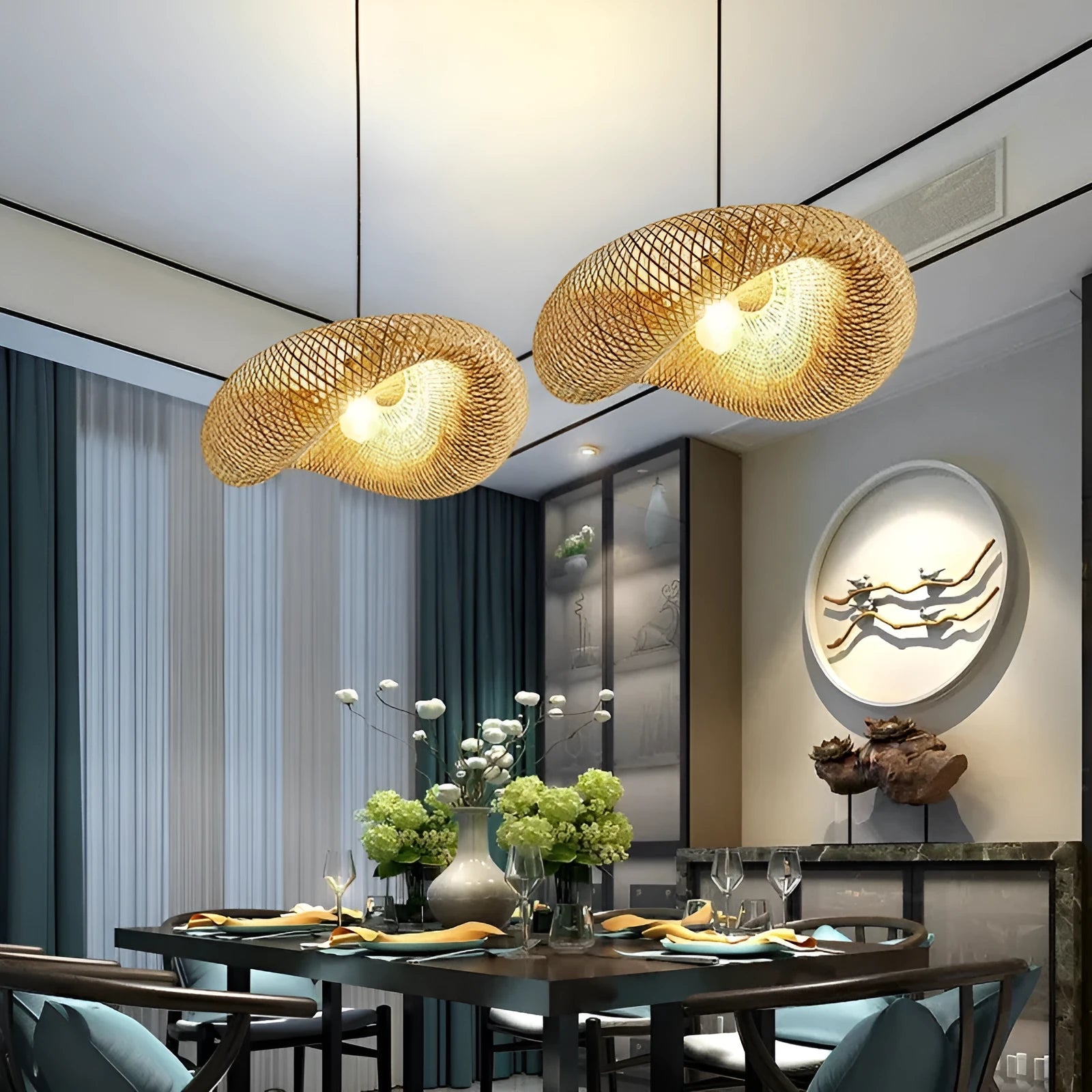 Bamboo straw hat-shaped hanging lamp ceiling light fixture with natural texture