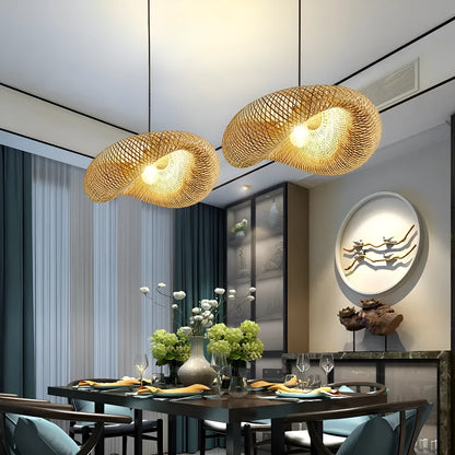 Bamboo straw hat-shaped hanging lamp ceiling light fixture with natural texture