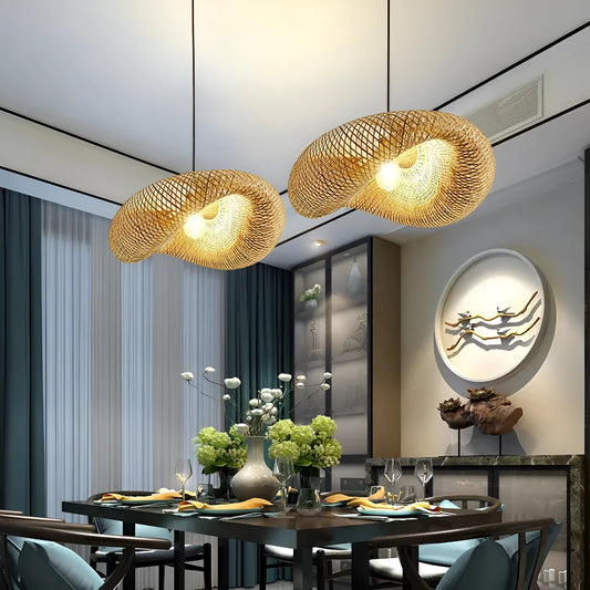 Bamboo straw hat-shaped hanging lamp ceiling light fixture with natural texture