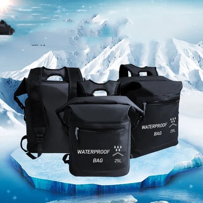 Black 25-litre waterproof backpack for swimming and rafting, showing 500D mesh clips.