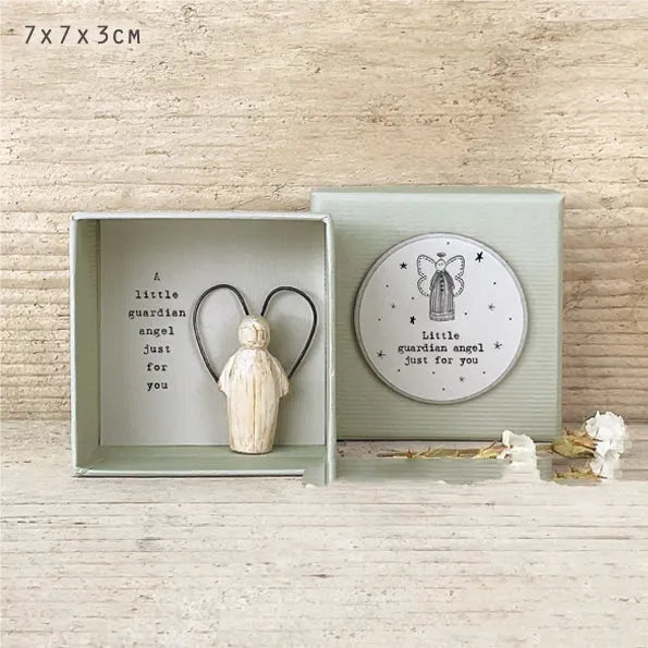 Boxed resin Guardian Angel ornament with modern design in multiple style options