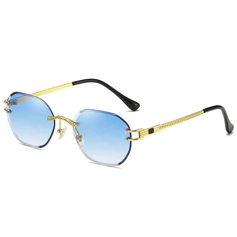 Gold frame trimming sunglasses with gradient blue ocean lens in box-style design