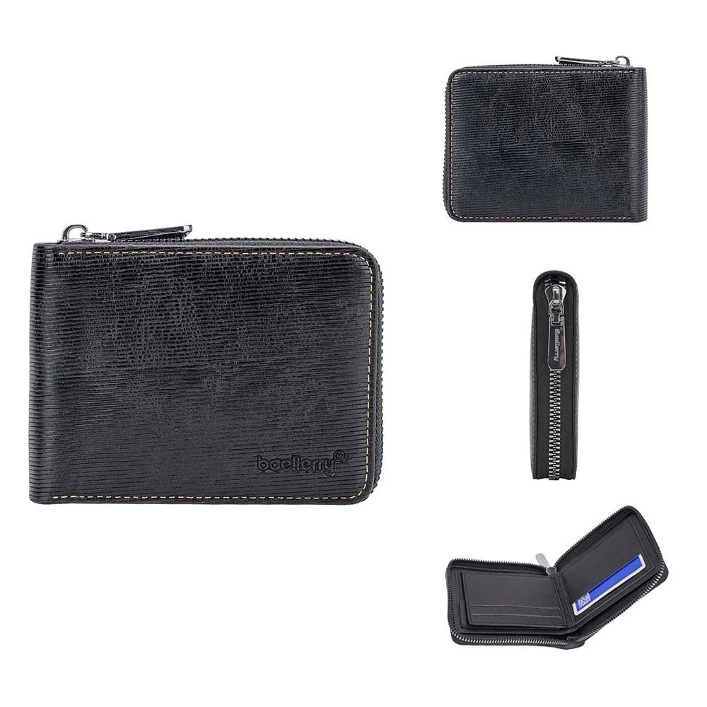 Leather anti-theft zipper wallet in black or brown with embossing pattern and credit card slots