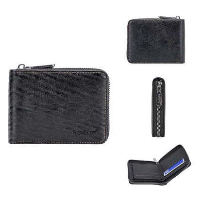 Leather anti-theft zipper wallet in black or brown with embossing pattern and credit card slots