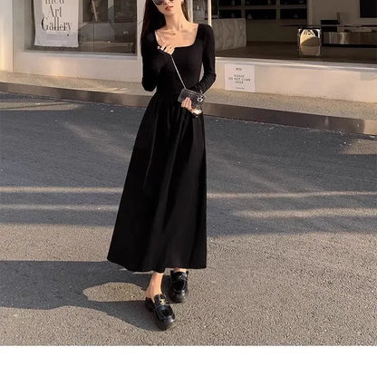 Women's square collar knitted dress in black or grey with elastic waist and A-line skirt, long sleeves