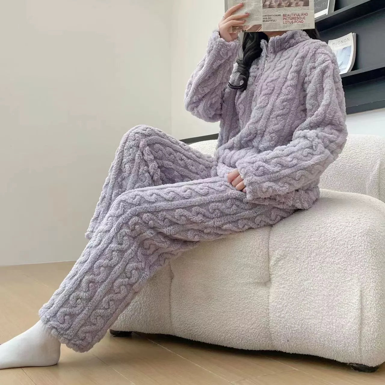 Twist zipper couple fleece-lined pajamas in various colors for winter warmth