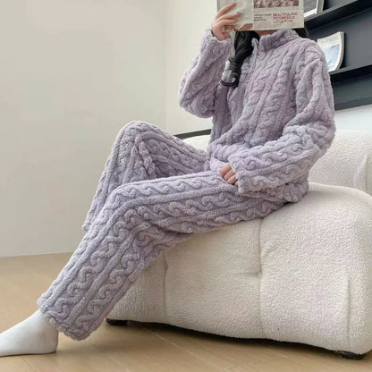 Twist zipper couple fleece-lined pajamas in various colors for winter warmth