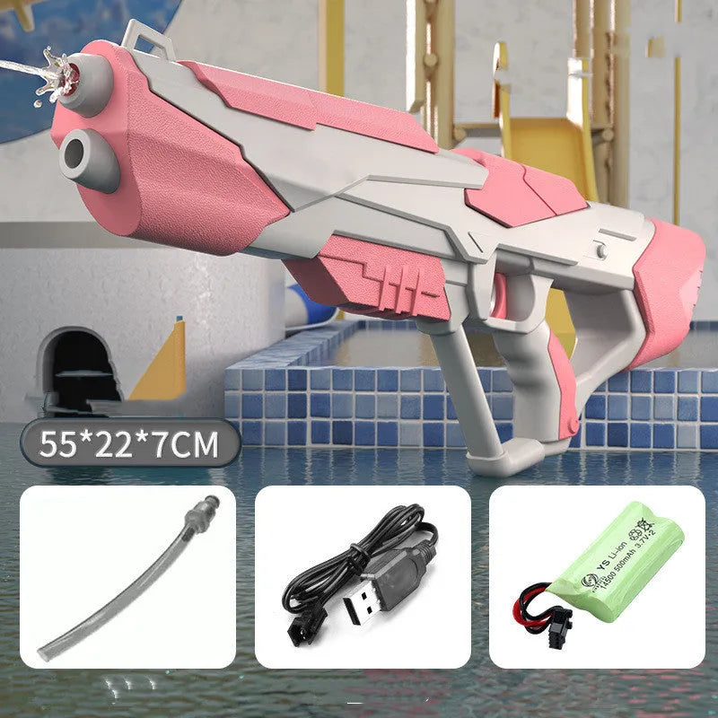 Blue automatic electric water gun with USB charging port and anti-skid grip handle.