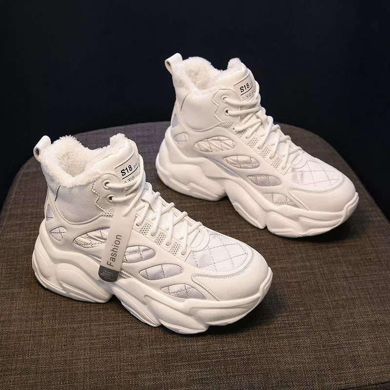 Women's casual velvet lined high shoes in black, silver, and beige with waterproof PU upper and non-slip sole