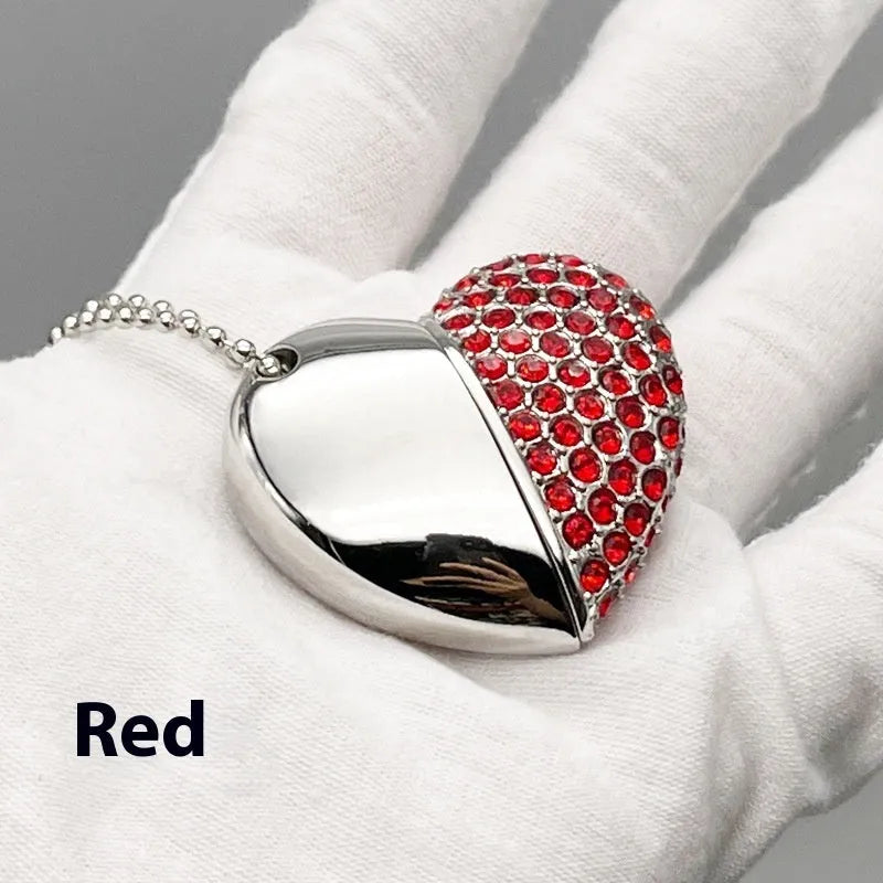 Heart-shaped metal USB flash drive with a brick-patterned surface in multiple colour options.