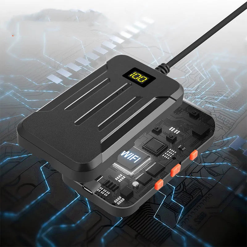 Wireless dual-lens inspection endoscope with IP68 waterproof probe, magnet, and hook accessories on a table.