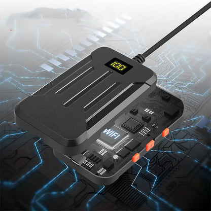 Wireless dual-lens inspection endoscope with IP68 waterproof probe, magnet, and hook accessories on a table.