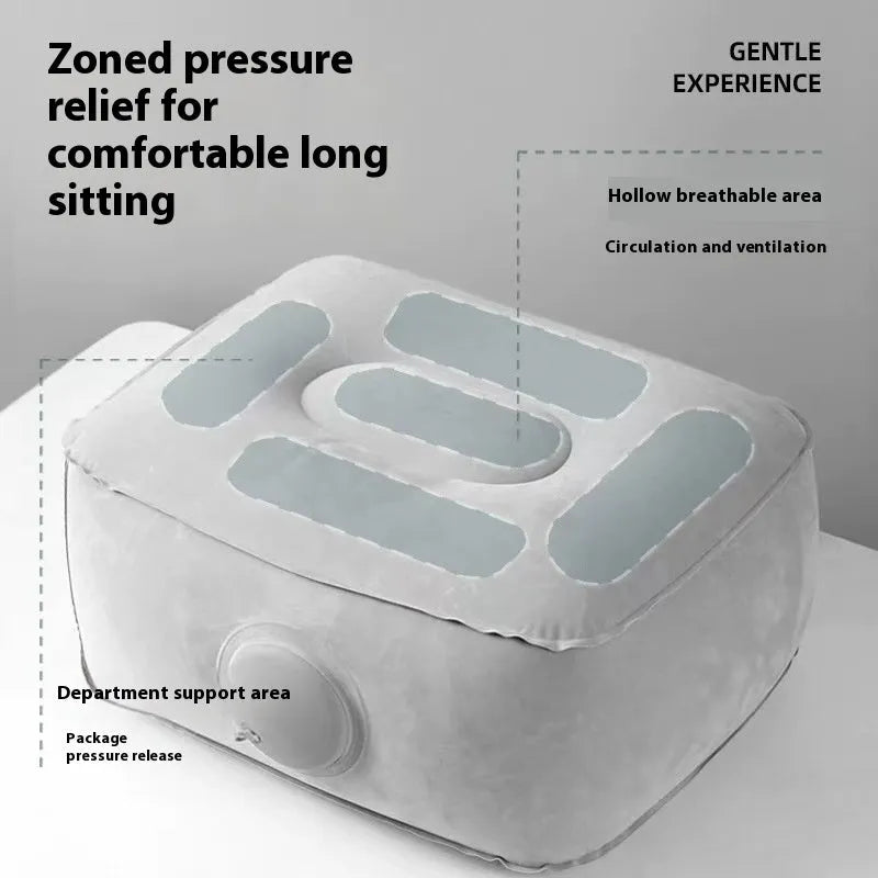 Blue press inflatable seat cushion showing flocked texture, deflated and folded next to an inflated state.