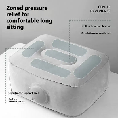 Blue press inflatable seat cushion showing flocked texture, deflated and folded next to an inflated state.