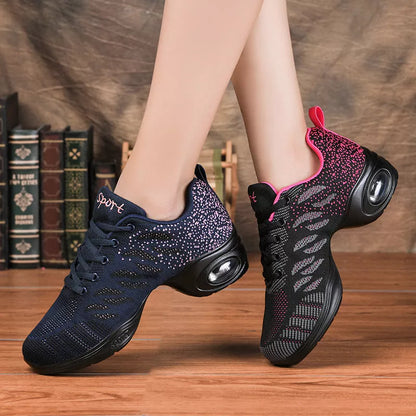 Women's mid-heel mesh dance shoes with soft soles in black, blue, and rose red