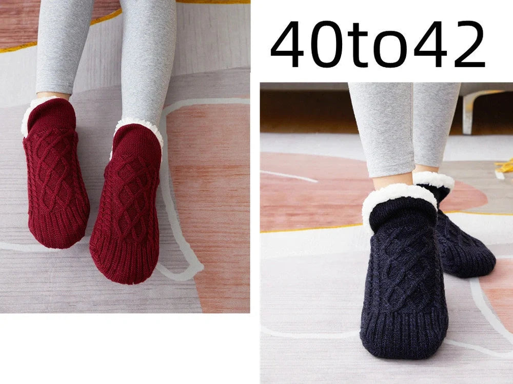 Winter woolen socks with V-opening design and anti-slip dots on soles in navy blue colour