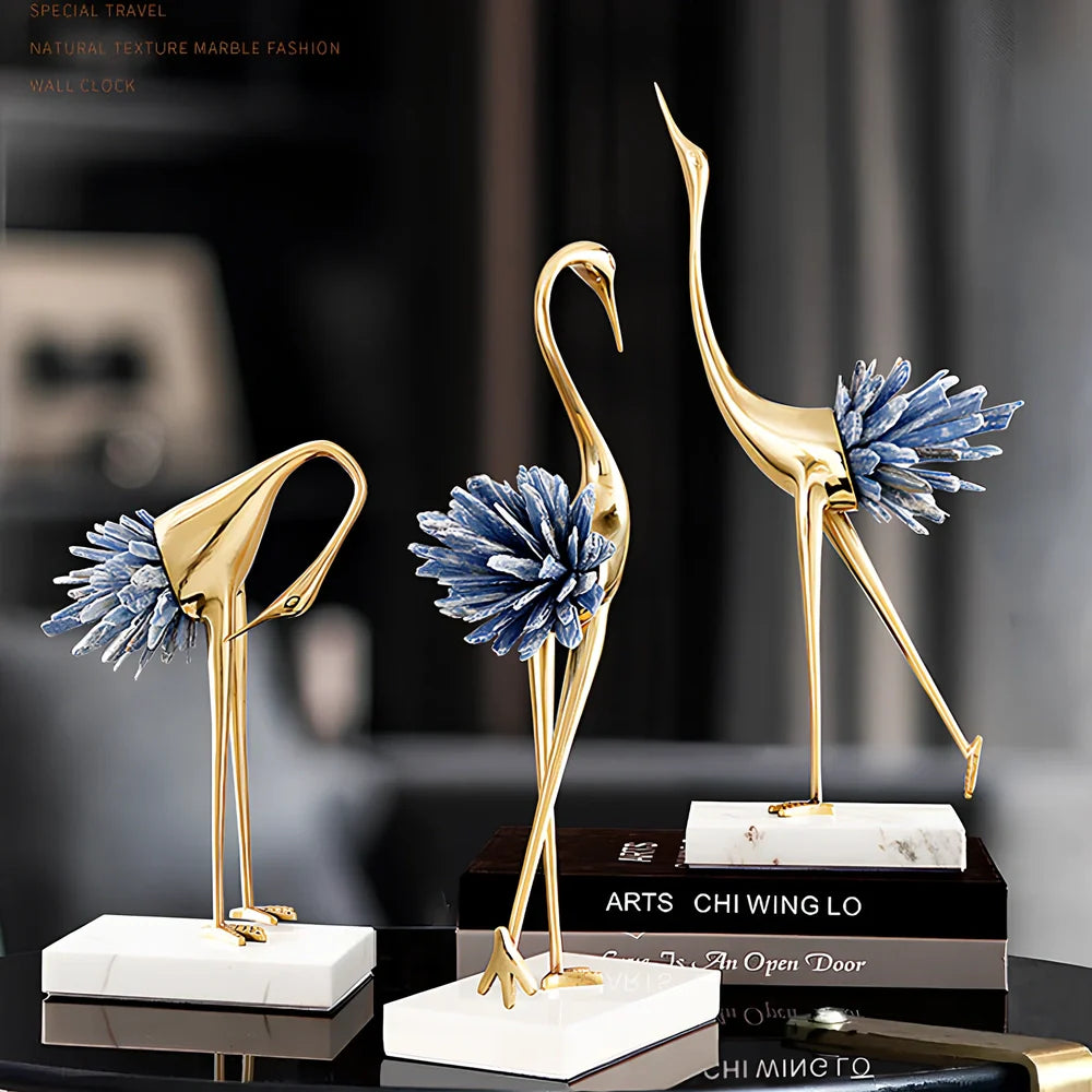 Left-facing crystal crane ornament with marble base in three size options