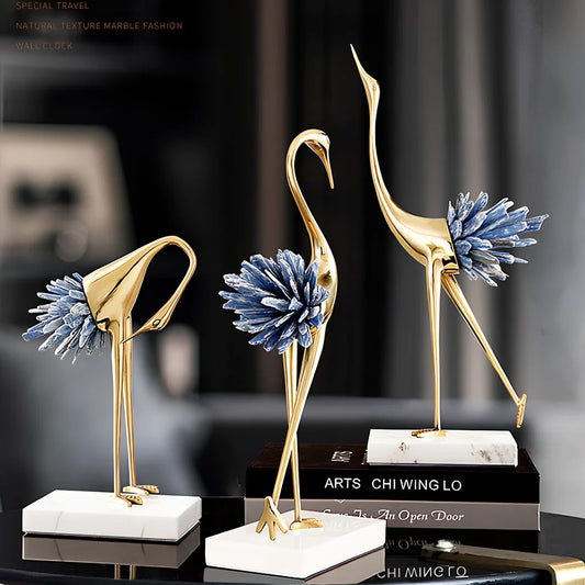 Left-facing crystal crane ornament with marble base in three size options