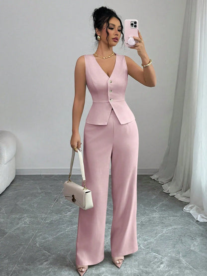Women's sleeveless vest and high-waist trousers two-piece set in solid colour
