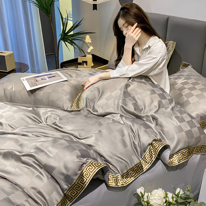 Cotton jacquard bed set with embroidery detailing and deep pocket fitted sheets in Advanced Grey colour