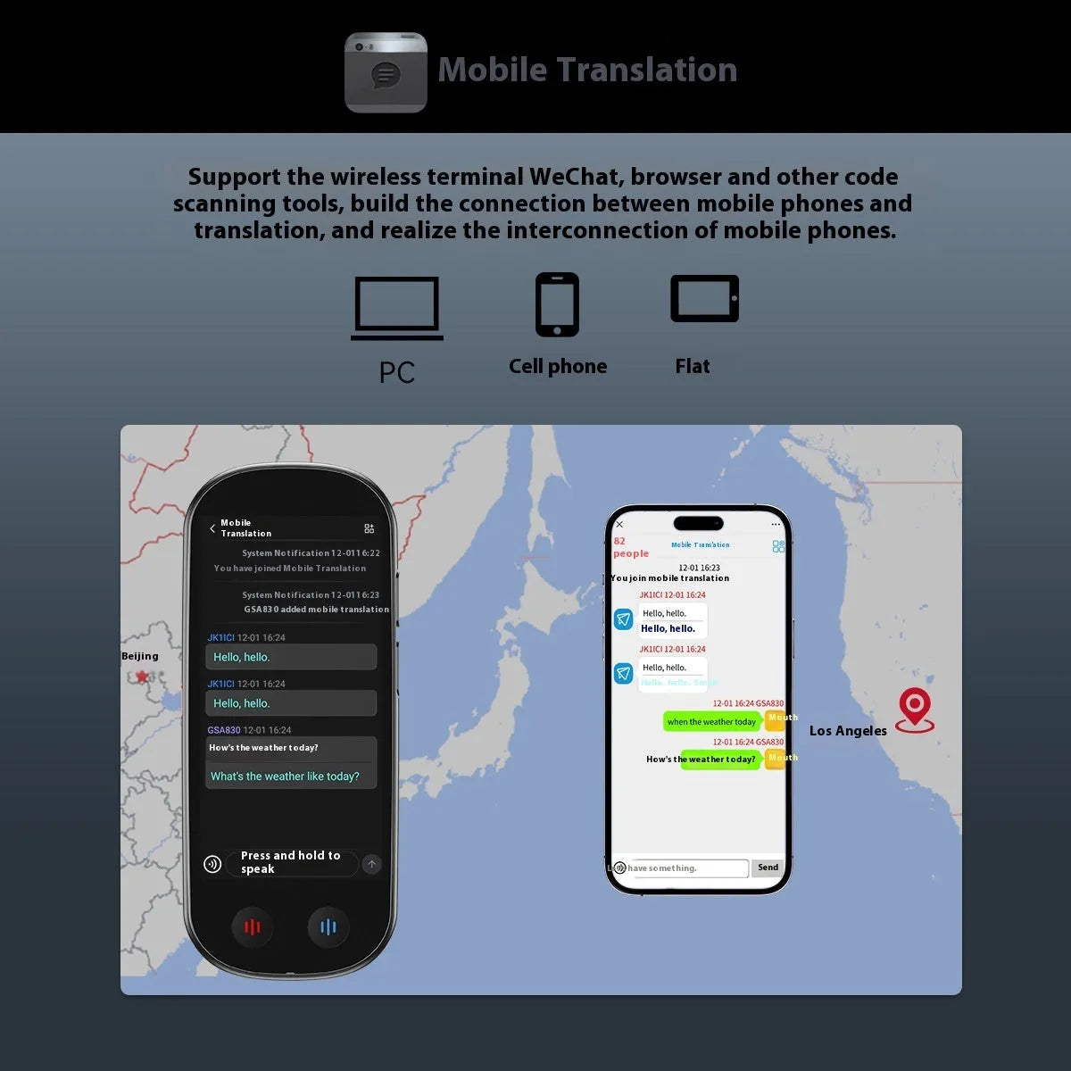 Black multi-language simultaneous interpretation translator device with lanyard and charging cable.