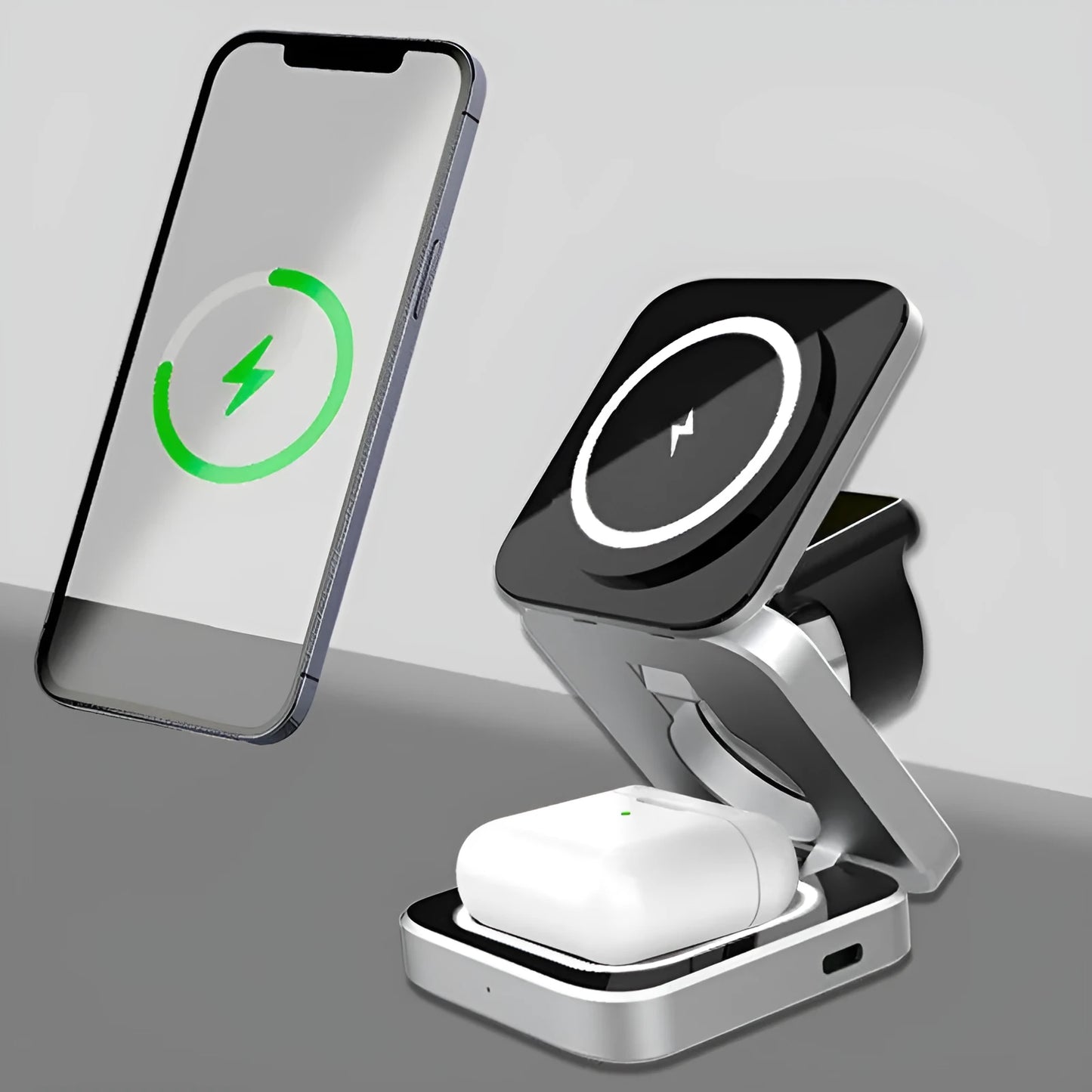 Folding three-in-one wireless charging bracket for desktop with Apple, Samsung and Google Pixel Watch support