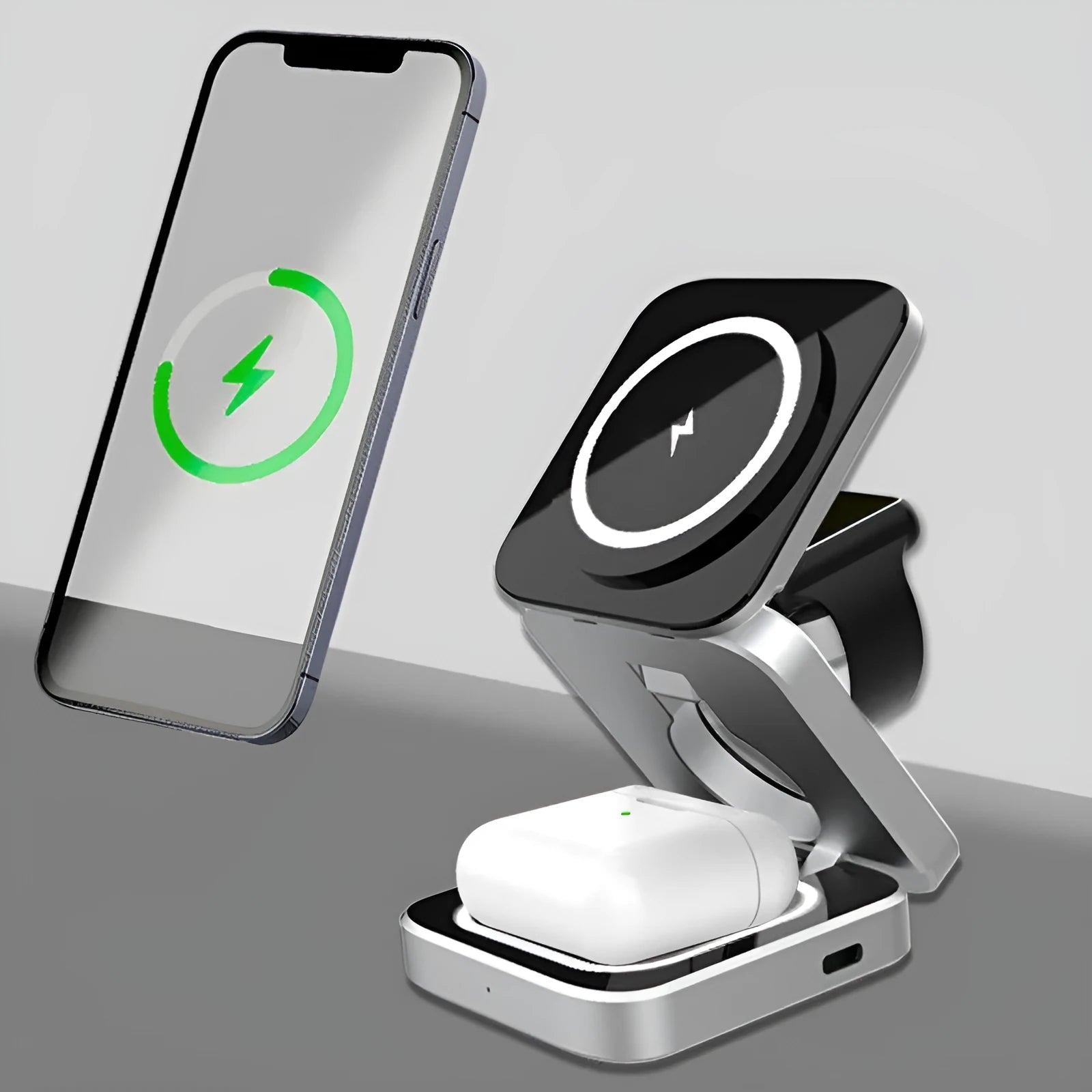 Folding three-in-one wireless charging bracket for desktop with Apple, Samsung and Google Pixel Watch support