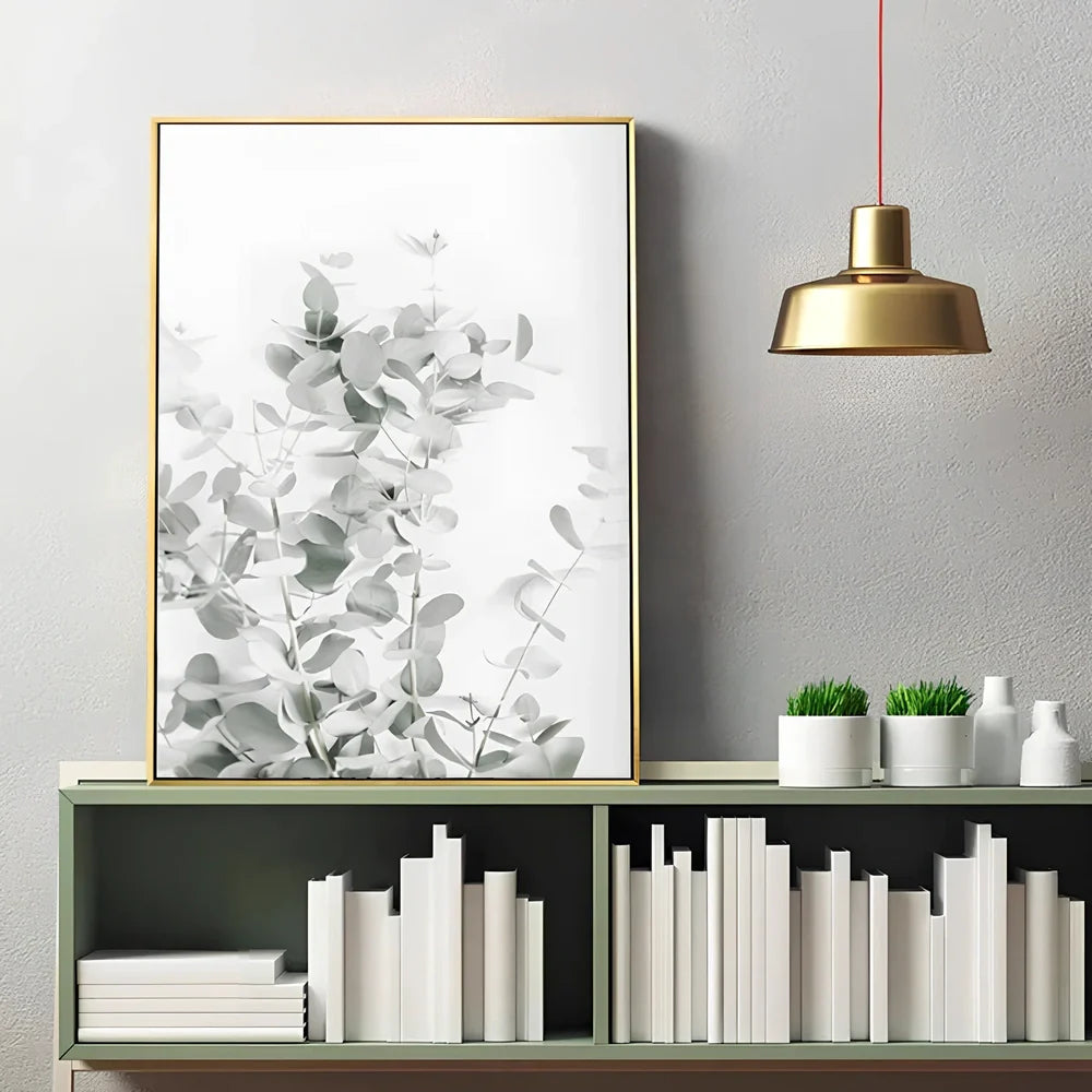Frameless canvas painting with detailed flower, grass and leaf botanical patterns in Nordic style