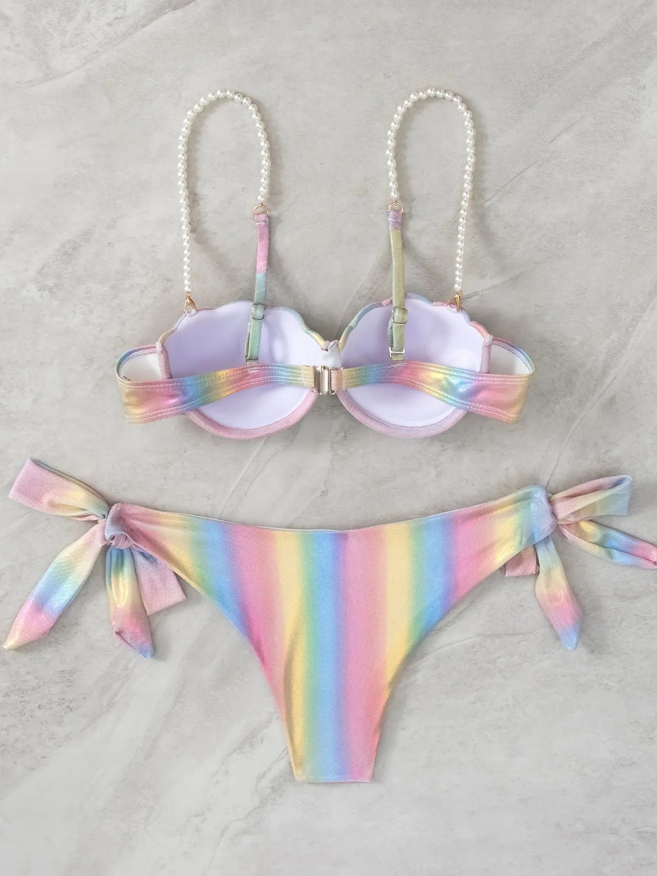 Women's shell rainbow pattern split tied bikini swimsuit with triangle top and high-waist bottoms