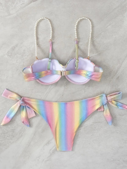 Women's shell rainbow pattern split tied bikini swimsuit with triangle top and high-waist bottoms