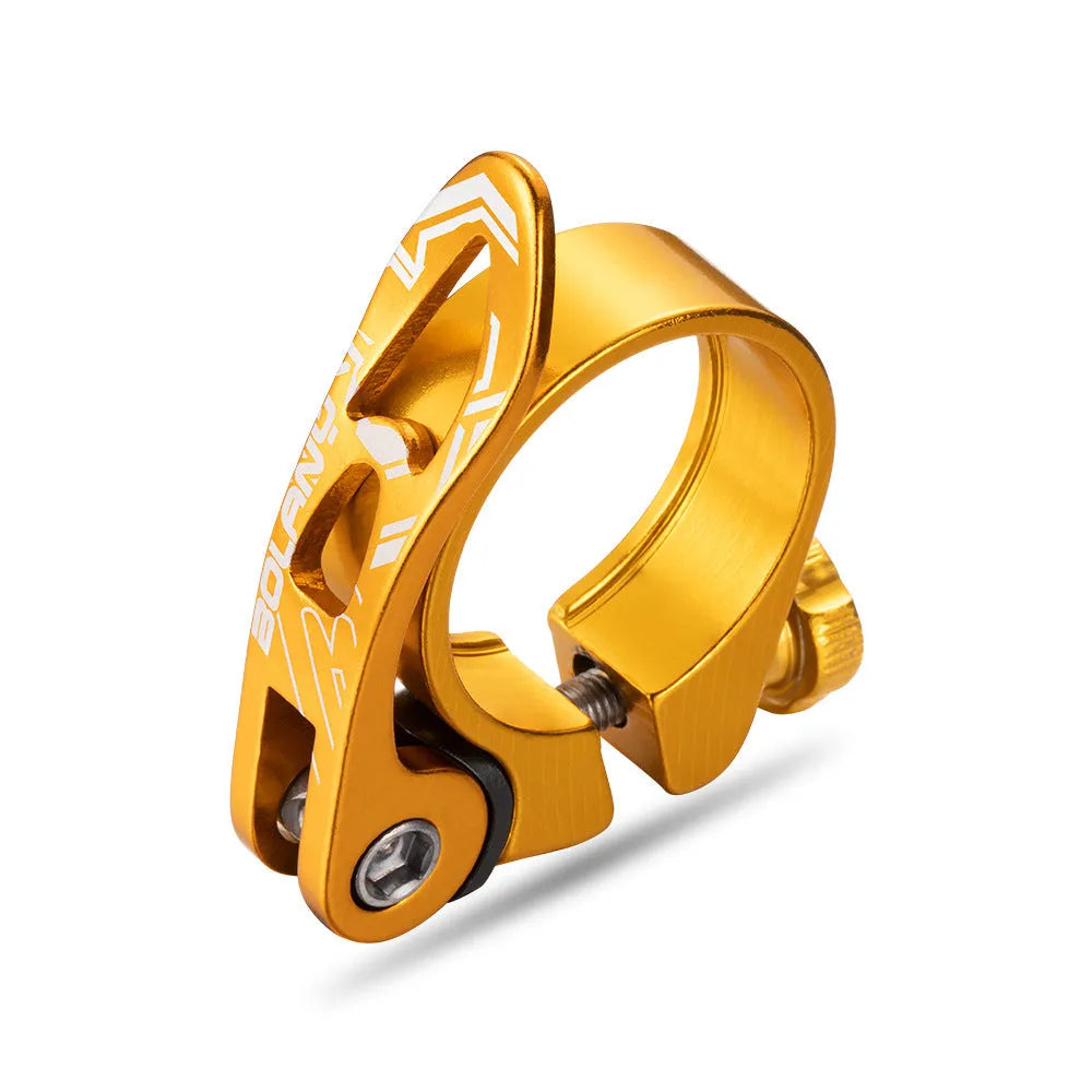Aluminium bicycle seat tube clamp in black, red, gold, or blue colour options