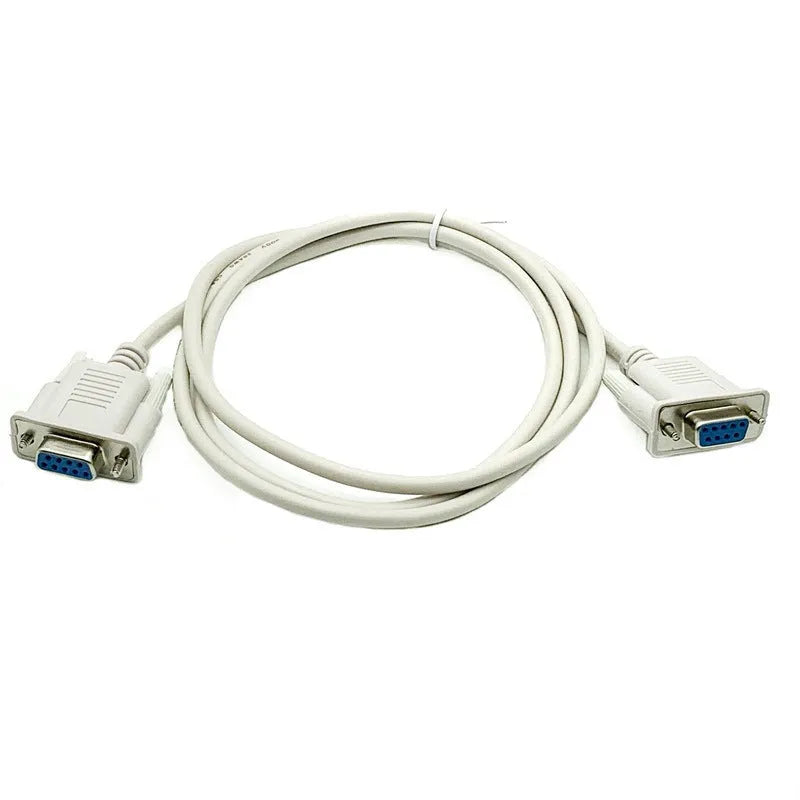 Close-up of a milky white DB9 female-to-female RS232 serial cable, 1.5 metres long.