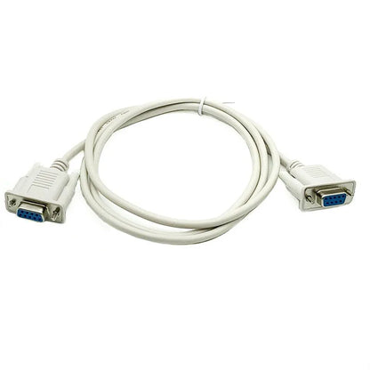 Close-up of a milky white DB9 female-to-female RS232 serial cable, 1.5 metres long.