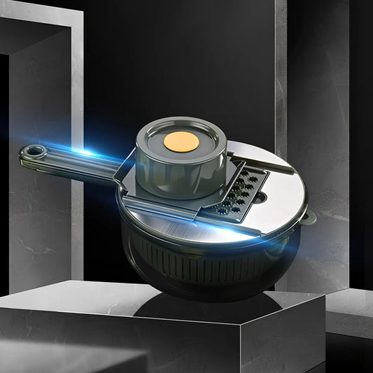 Grey and green vegetable slicer with five stainless steel blades and protective gauntlet