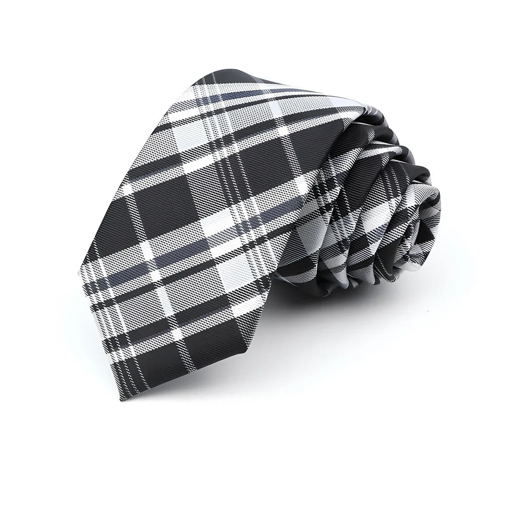 Men's 6cm skinny plaid polyester tie, 145cm length, in various patterns for casual professional look