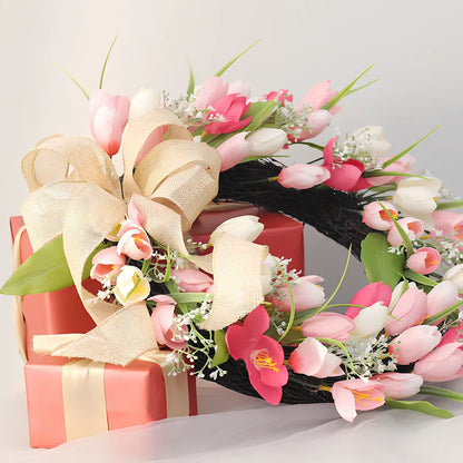 Two-colour tulip wreath measuring 45cm diameter with 11cm depth, seasonal floral garland for Valentine's Day and Easter decoration