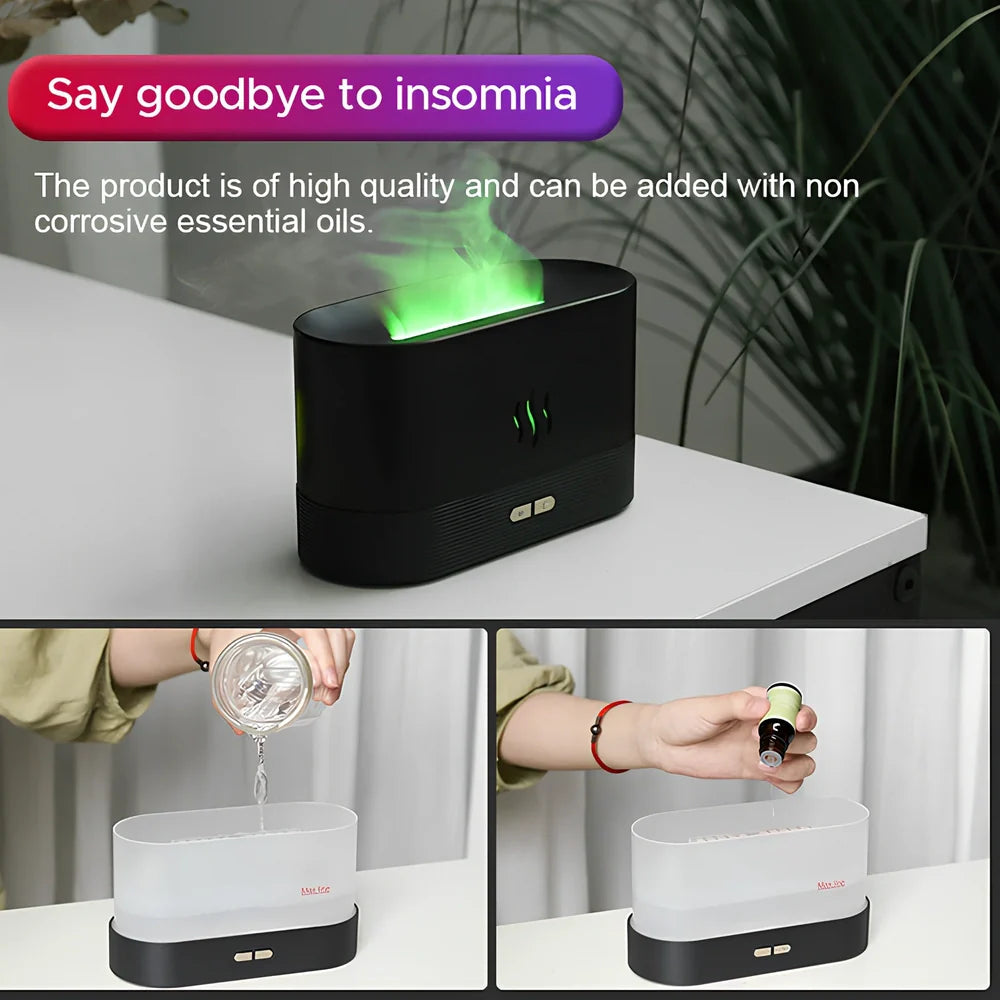 USB ultrasonic flame humidifier with colour-changing LED flame effect and mist output