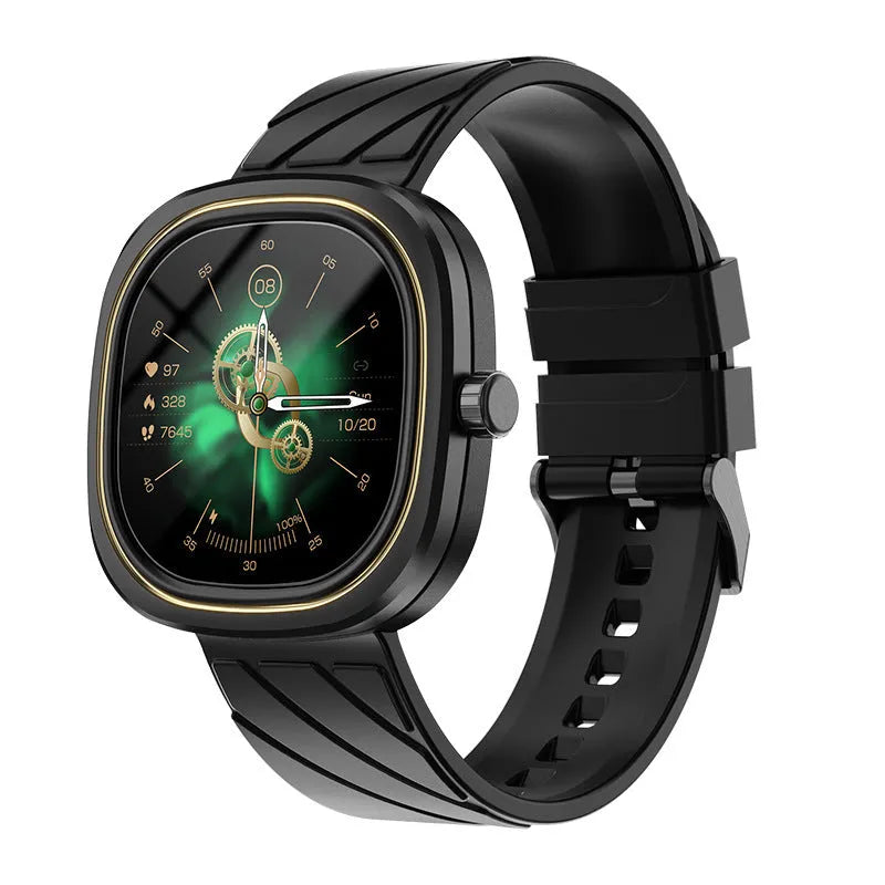 Black silicone band smart watch showing time on its 1.32-inch colour touch screen.