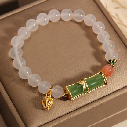 White agate and jade bamboo beaded bracelet for women with Chinese retro style.